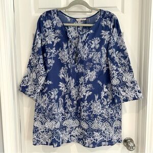 Soft Surroundings Blue Embroidered Eyelet Floral Blouse Tunic Sz L Cotton Boho